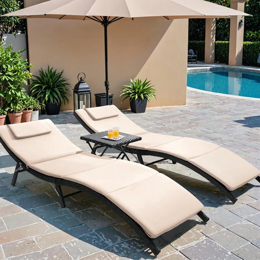 Beige 3 Piece Patio Chaise Lounge Set with Cushions