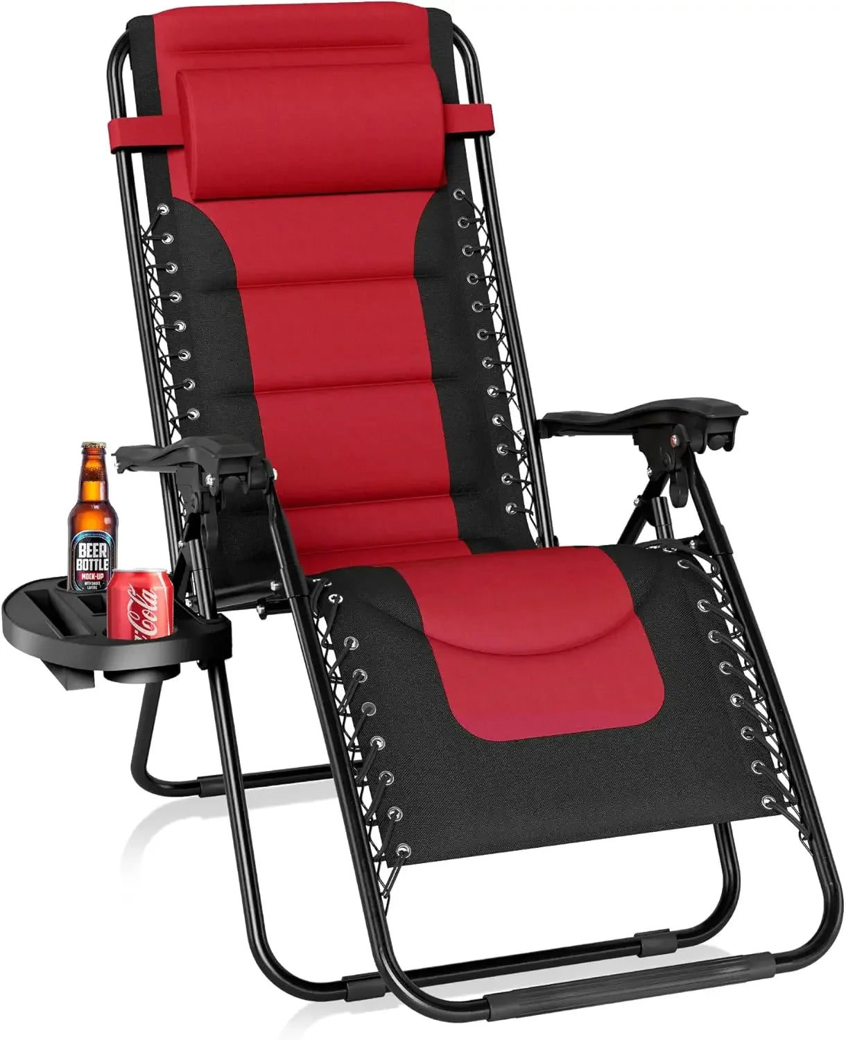 Padded Zero Gravity Lounge Chair Folding Patio Recliner with Adjustable Headrest & Cup Holder, Support 350 LBS