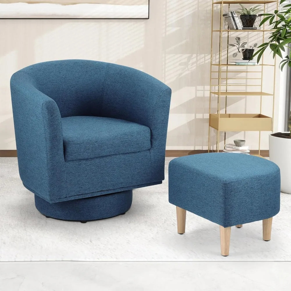 Blue Swivel Barrel Chair With Ottoman Upholstered Modern Living Room Armchair 360 Degree Swivel