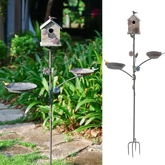 Bird House for Outside with Stake & Bird Feeder/Bath Bowl - Free Standing 3 in 1 Bird Feeder Tray, Bird Bath Bowl, Birdhouse for