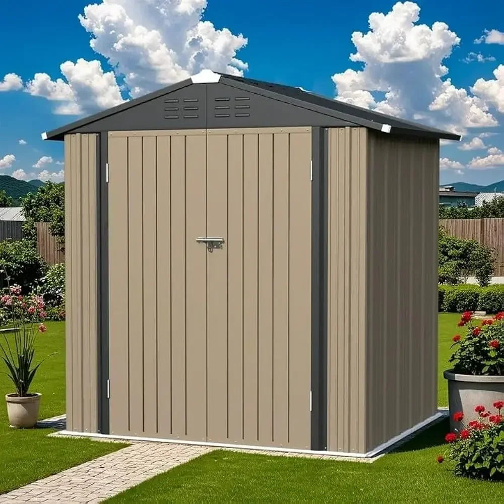 6×4FT Outdoor Storage Shed, Metal Patio Storaged Sheds with Lockable Doors, Sheds & Outdoor Storage for Bike, Pool and Garden