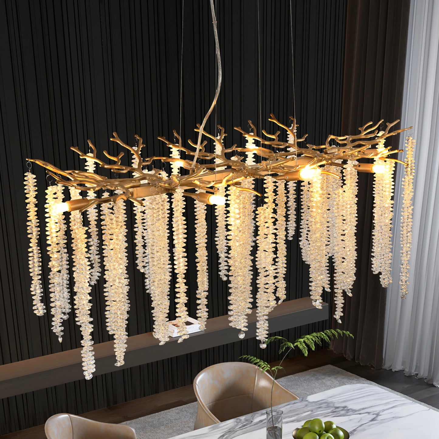 Modern Golden Chandelier With Cascading Crystal Strings