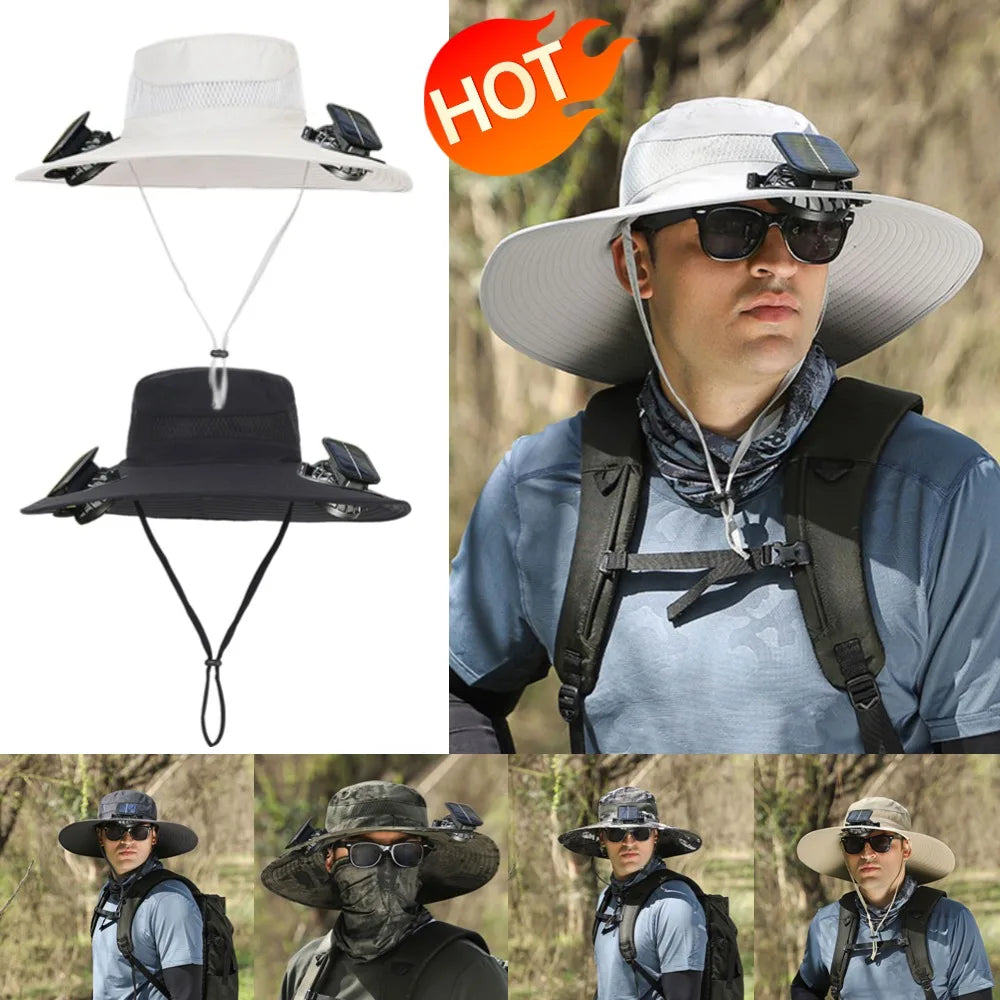 Men's Wide Brim Solar Fan Hat With Adjustable Wind 2 Fans Sun Protection For Outdoor Camping Fishing