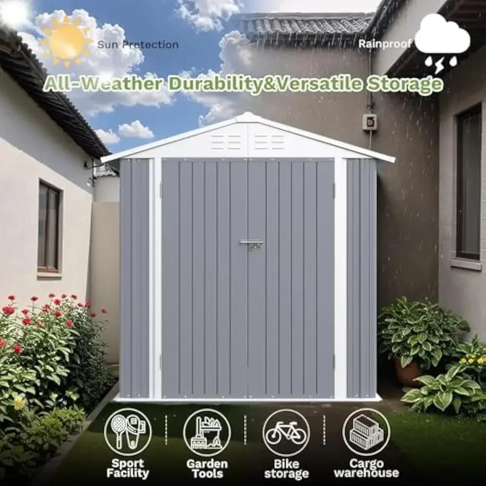 6×4FT Outdoor Storage Shed, Metal Patio Storaged Sheds with Lockable Doors, Sheds & Outdoor Storage for Bike, Pool and Garden