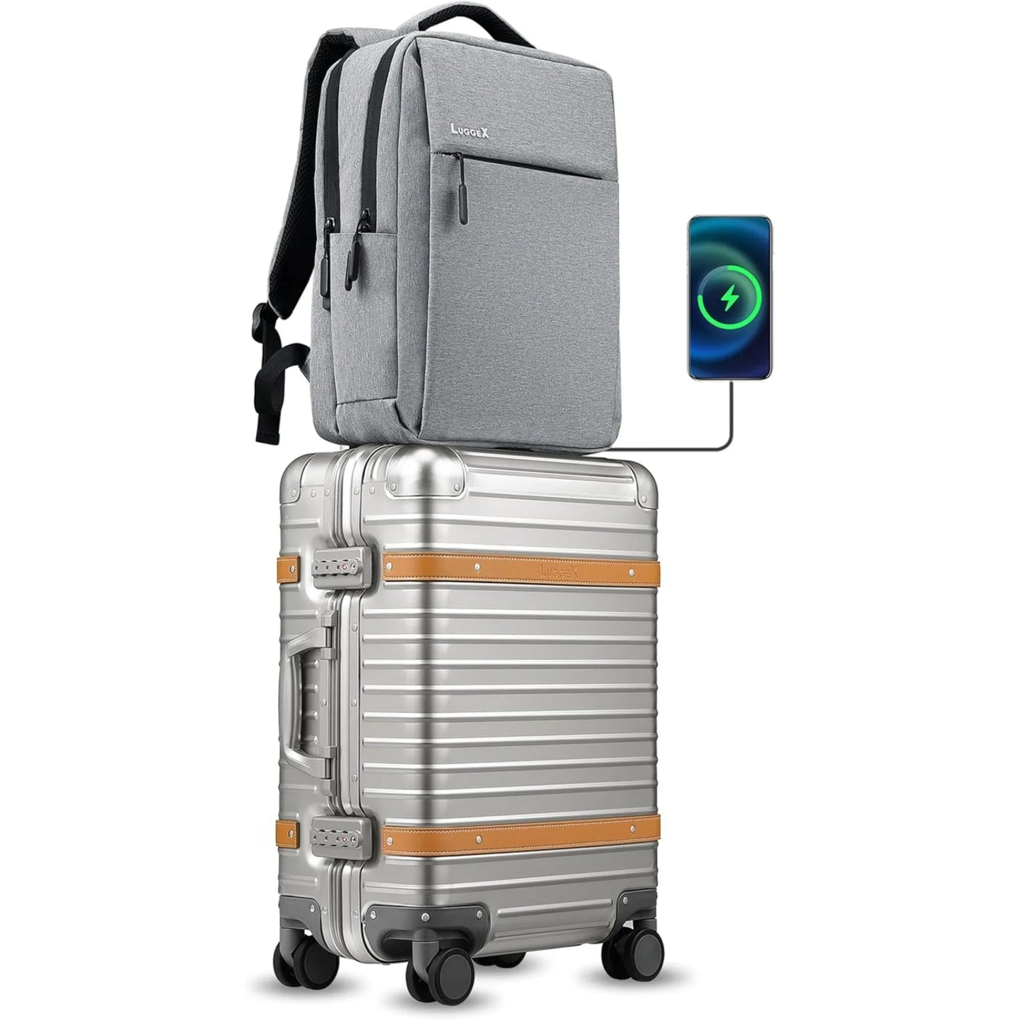 LUGGEXCN Aluminum Carry On Luggage With USB Port Retro