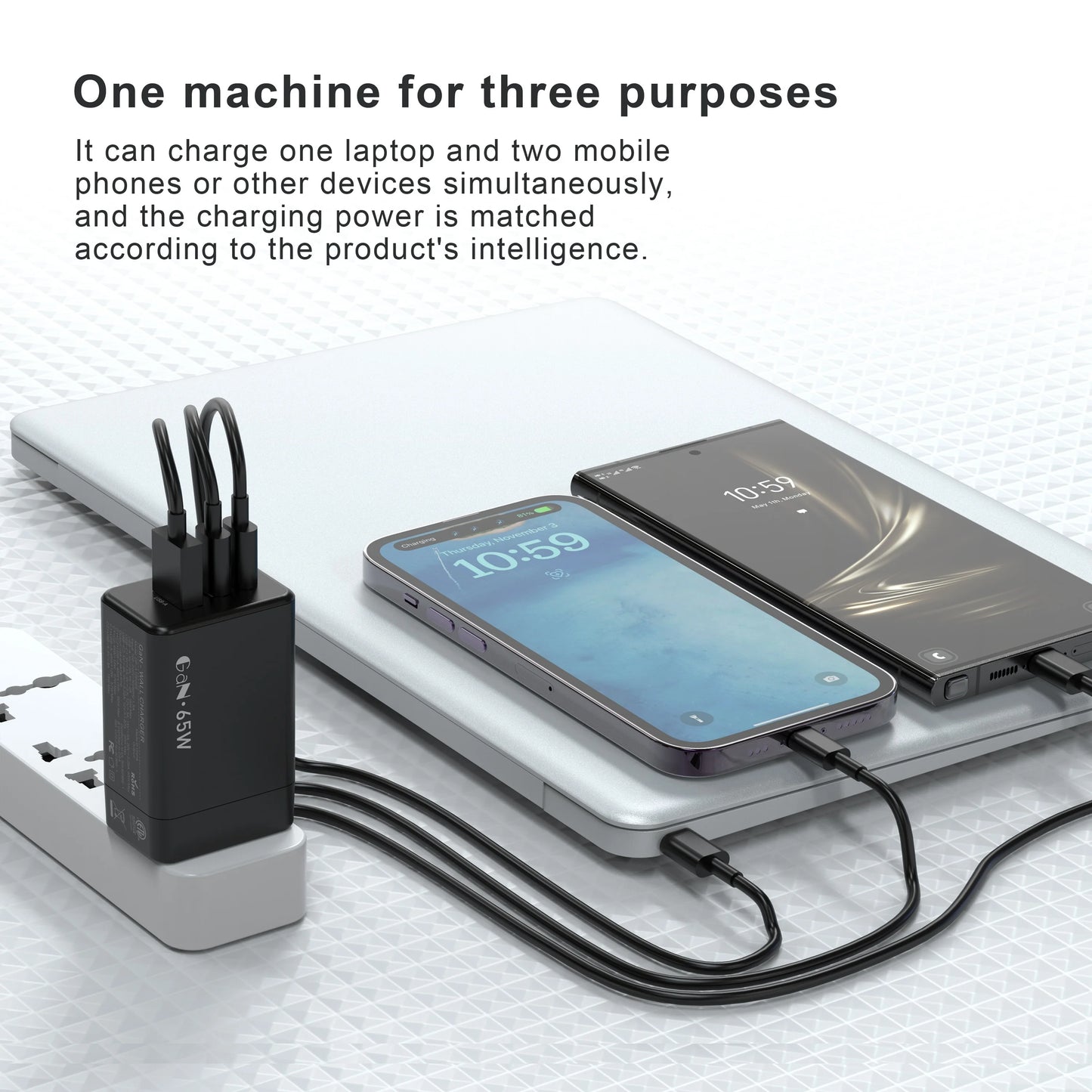 Sanprio 65W USB C GaN Charger 3 Ports With 6.6ft Cable