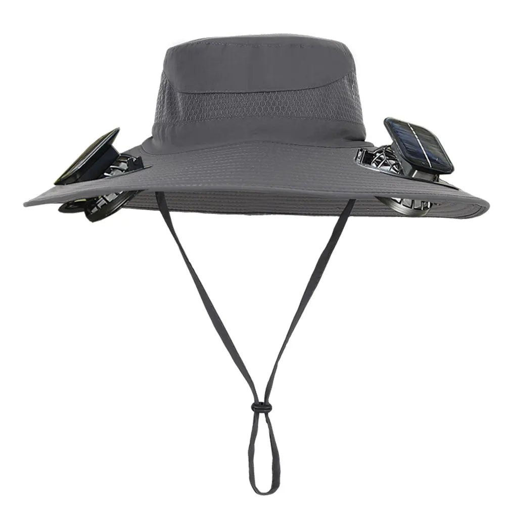 Men's Wide Brim Solar Fan Hat With Adjustable Wind 2 Fans Sun Protection For Outdoor Camping Fishing
