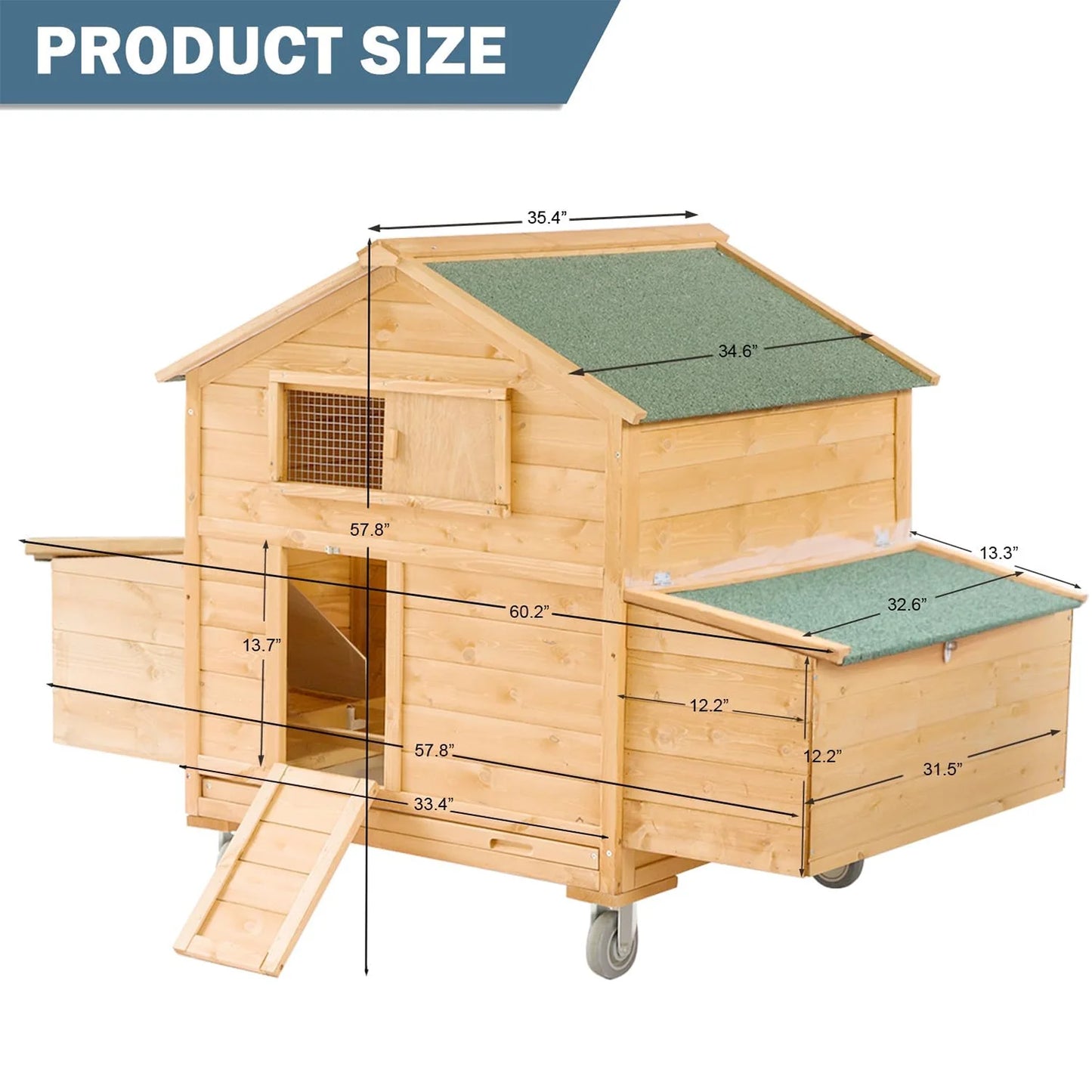Chicken Coop on Wheels, Large Mobile Wooden Hen House for 6-8 Chickens, Outdoor Poultry Cage with Nesting Box