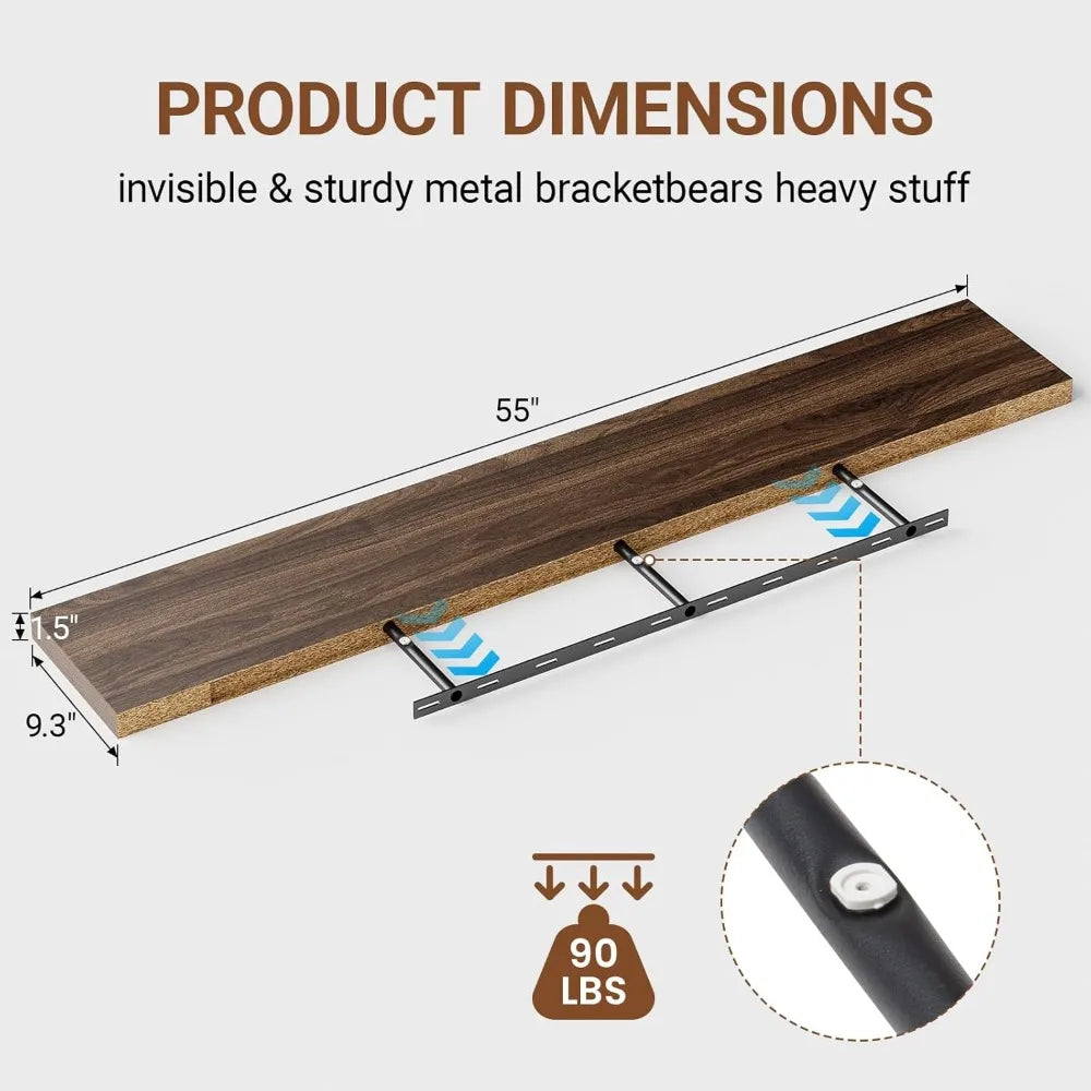 55 Inch Long Floating Shelves for Wall,9.3" Deep Walnut Floating Shelves Set of 2,Large Display Shelf & Storage Shelf,Wall Shelv