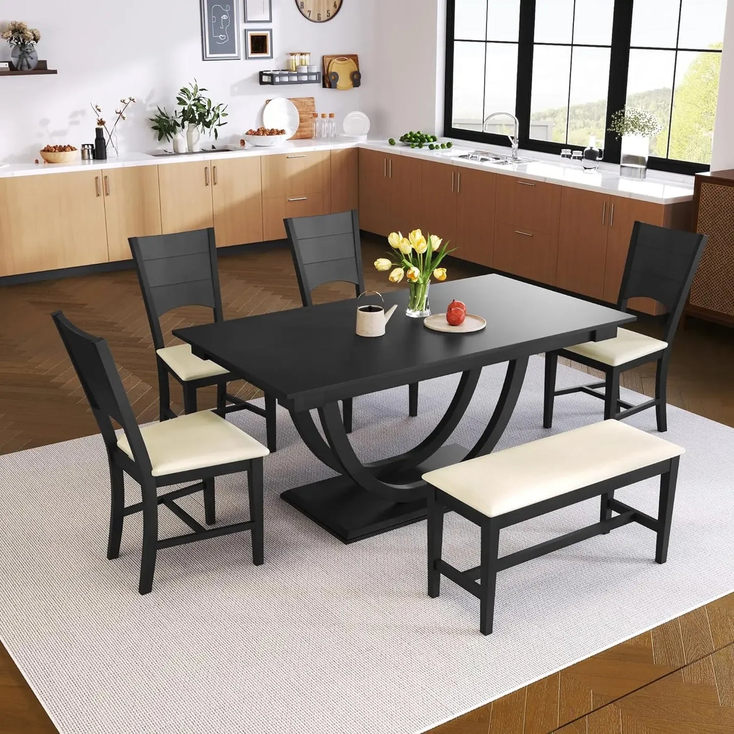GUANGBAI 6 Piece Dining Table Set With Bench And Chairs
