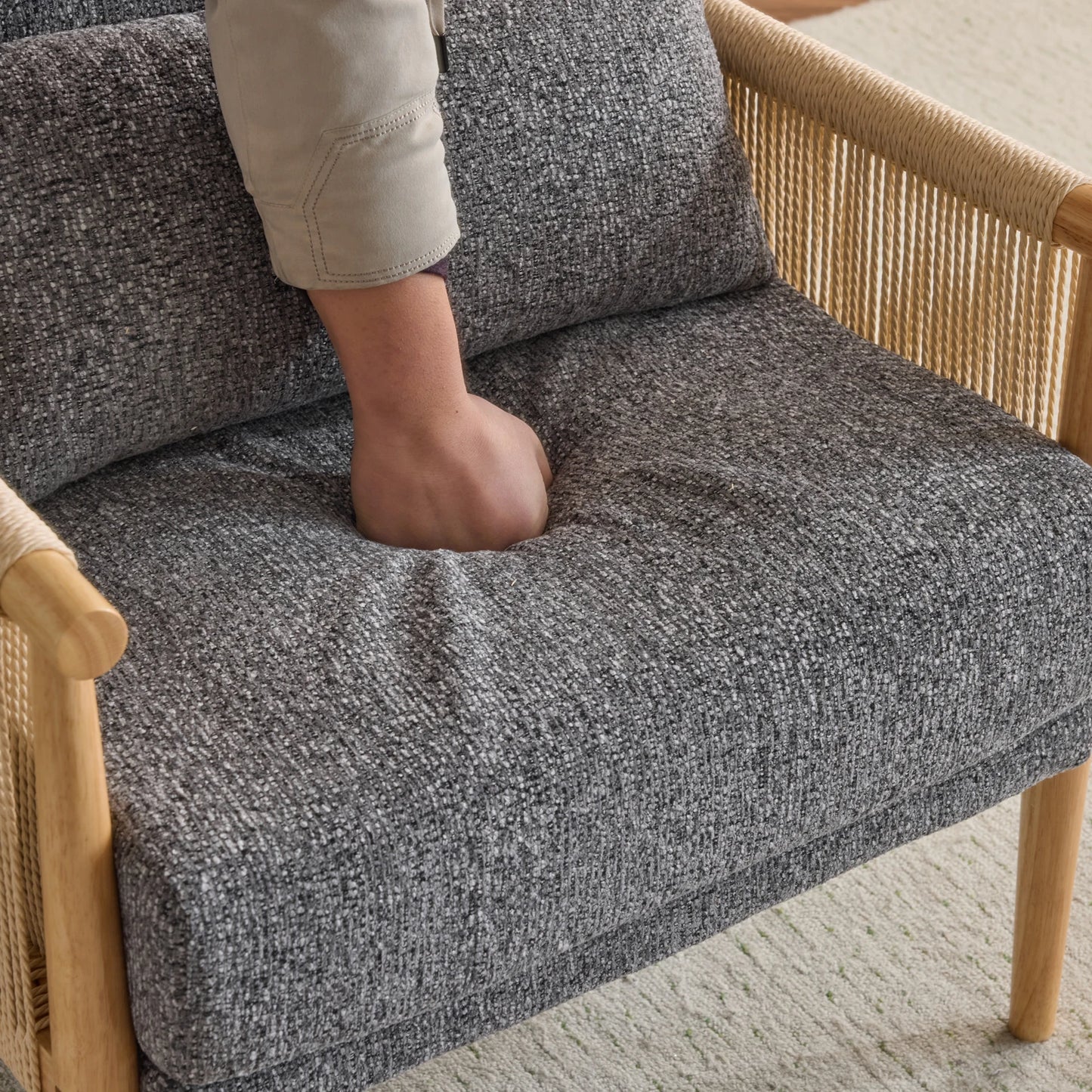 Modern Braid Accent Chair with Natural Oak Wooden Armrest, with Waist Pillow for Living Room, Bedroom, Reading Room, Balcont