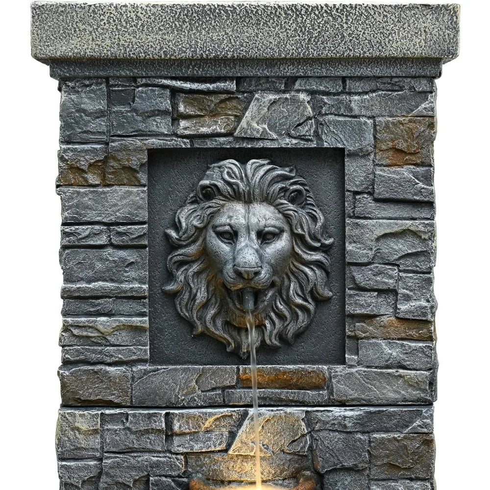 Outdoor Garden Floor Standing Water Fountain with Lion Head and Lights, Stone Design for Patio, Backyard, Deck, and Porch