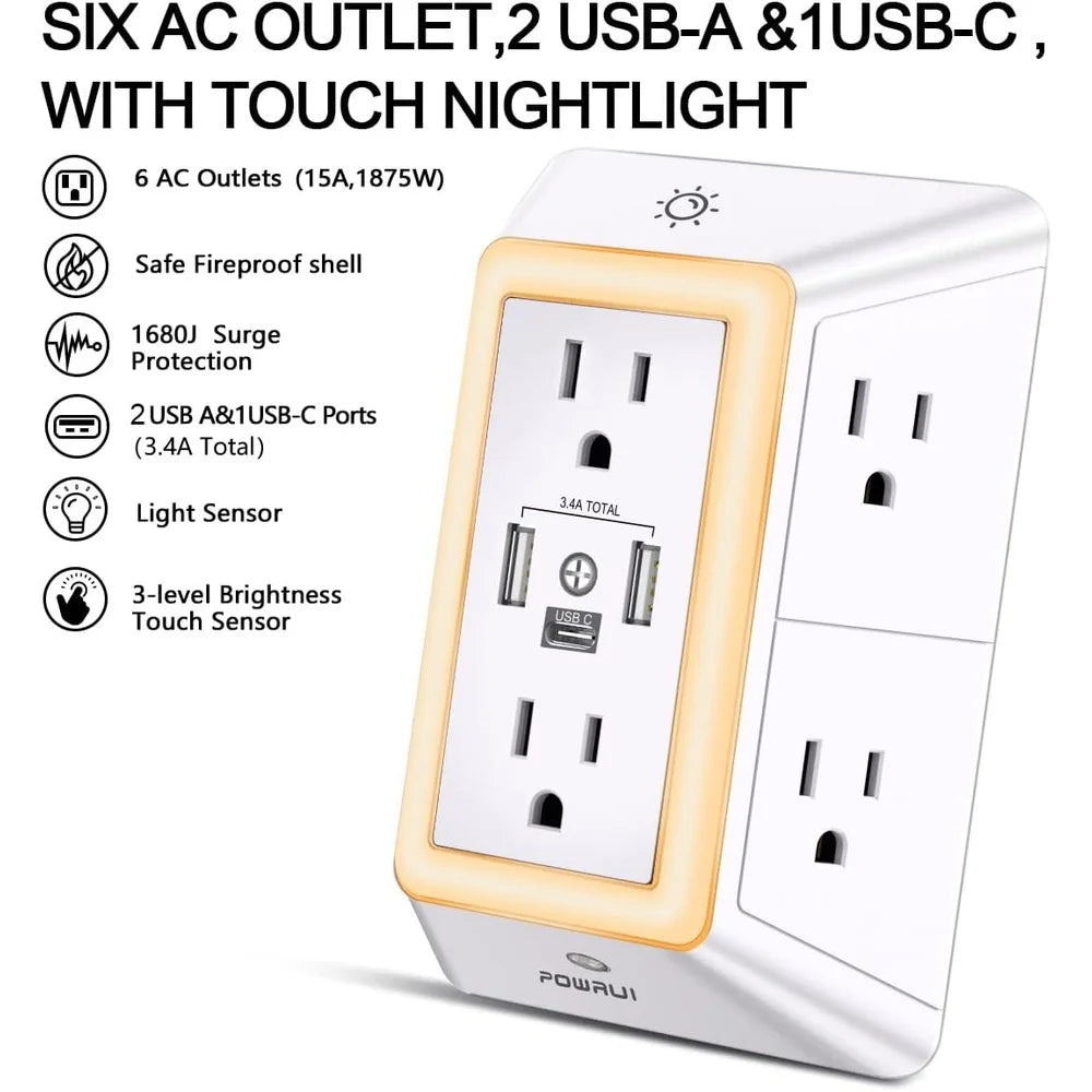 6 Outlet Surge Protector Power Strip with 3 USB Ports USB C Night Light 3D Design Adjustable Brightness Space Saving