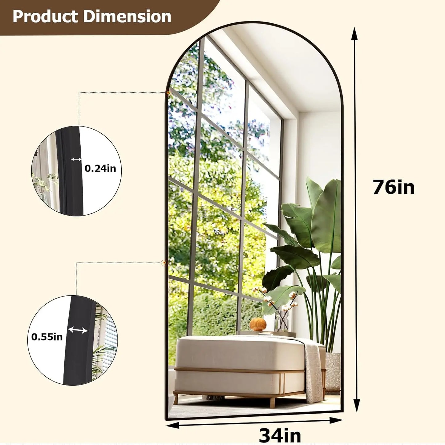 Modern Arched Full Length Mirror 34x76 Inch Aluminum Frame