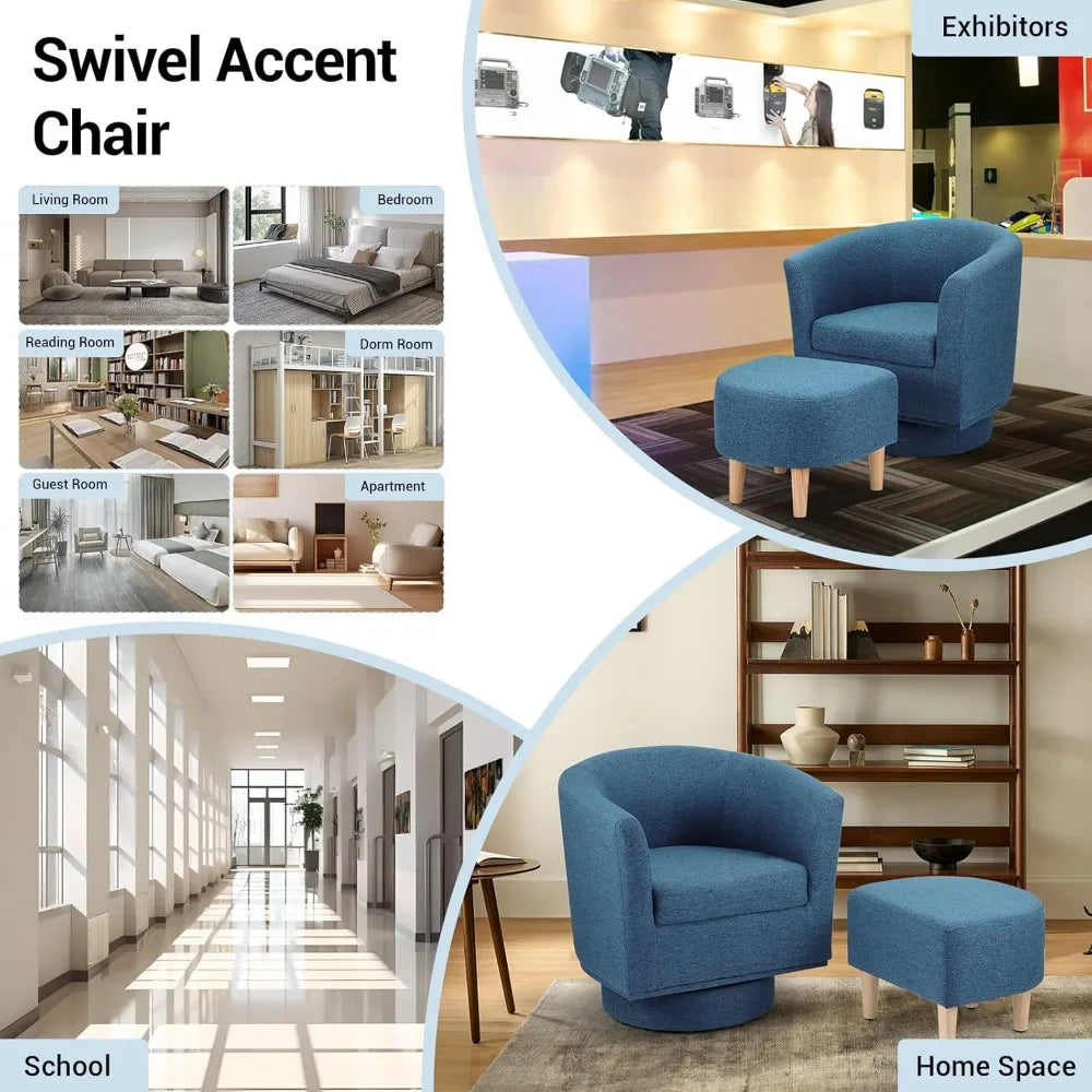 Blue Swivel Barrel Chair With Ottoman Upholstered Modern Living Room Armchair 360 Degree Swivel