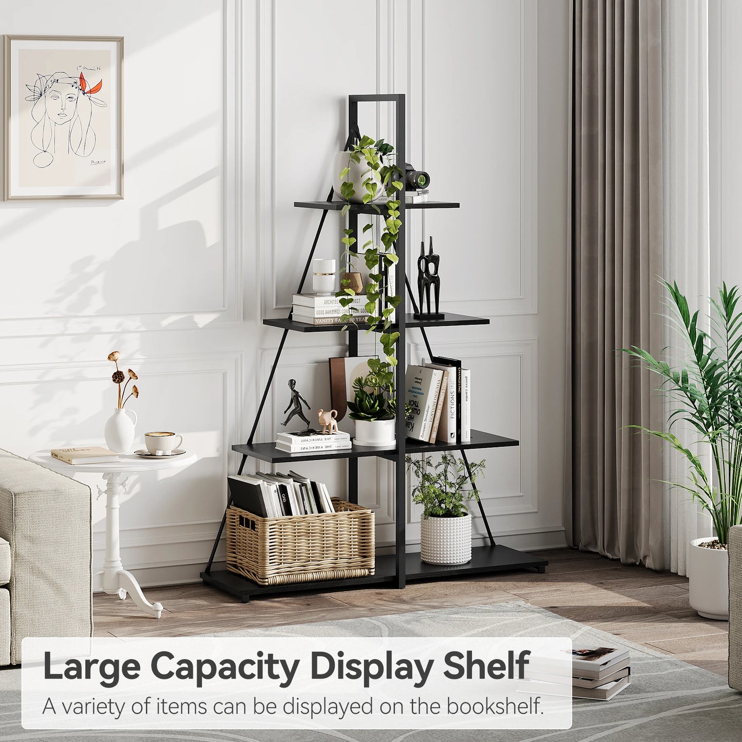 Book Shelf, 4 Tier Bookshelf, Modern Boat Shaped Design, Narrow Wooden Bookcase for Living Room/Bedroom