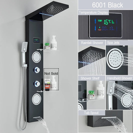 Brushed LED Shower Panel System with Waterfall Rain Feature