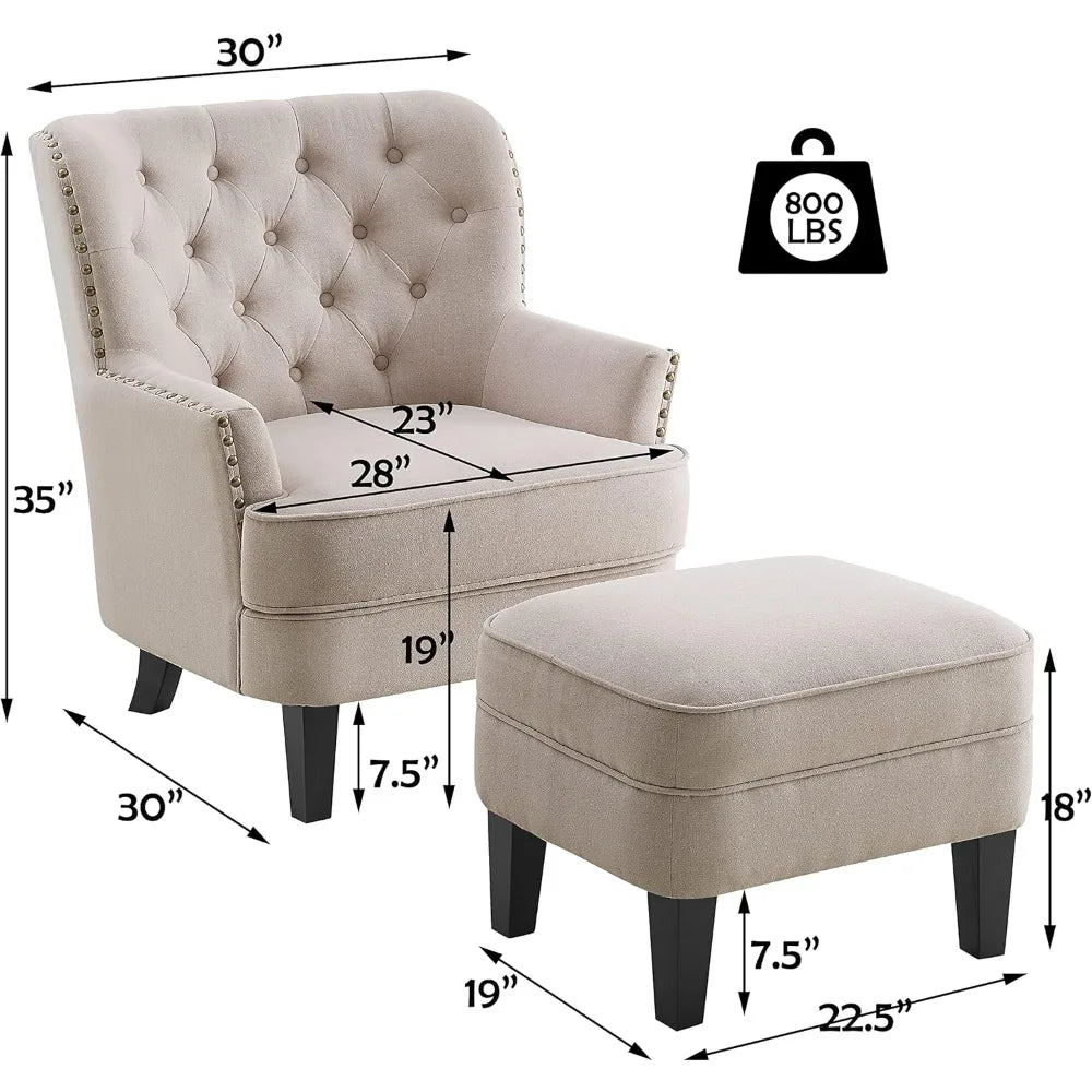 Accent Chair and Ottoman Set - Button Tufted Armchair for Living Room, Bedroom, Reading - Mid-Century Modern Lounge Chair
