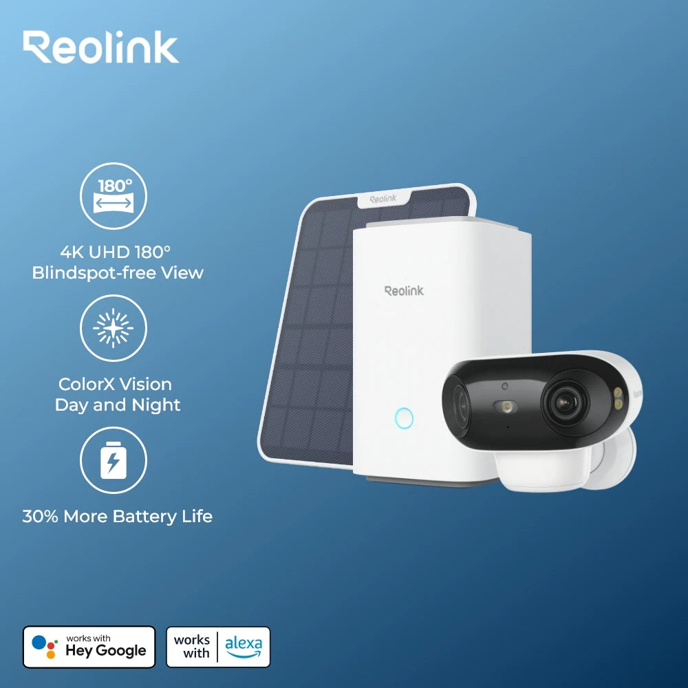 Reolink 4K Solar & Battery Powered Wireless Security Camera 180° ColorX Night Vision Outdoor WiFi Camera AI Home Hub Compatible