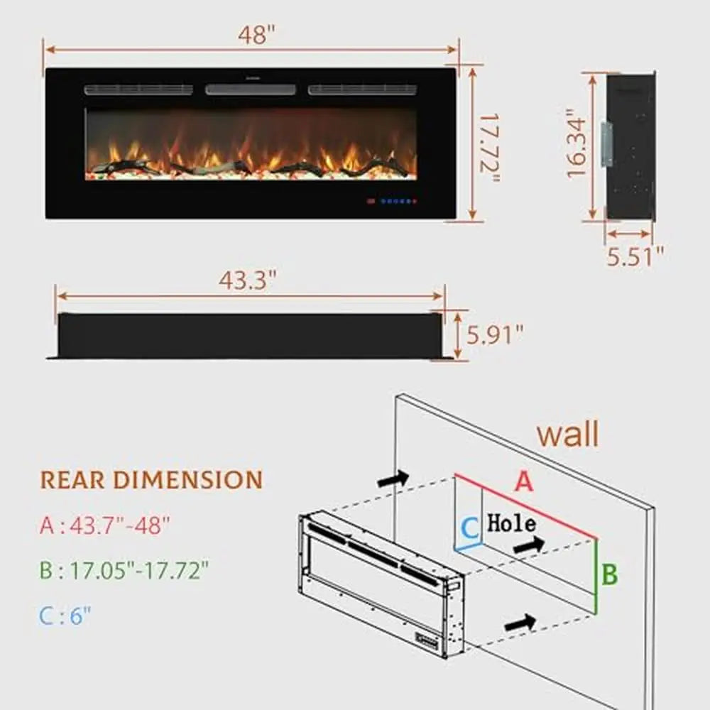 48 Inch Recessed Wall Mounted Electric Fireplace Heater With Remote DIY Logs Crystals And Multicolor Flame Options
