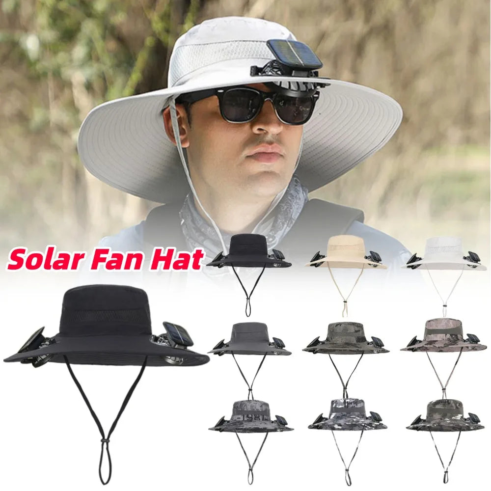 Men's Wide Brim Solar Fan Hat With Adjustable Wind 2 Fans Sun Protection For Outdoor Camping Fishing