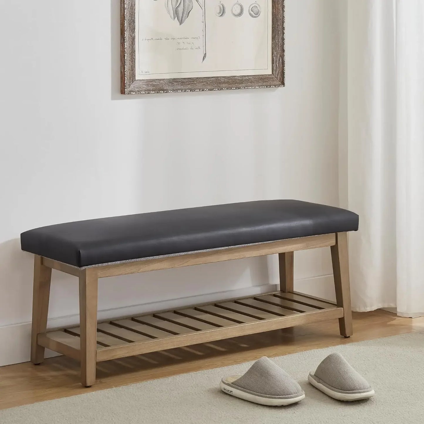 Entryway Bench, End of Bed Bench, Chenille Upholstered Shoe Bench for Bedroom, Ottoman Bench with Solid Wood Shelf, Storage Benc