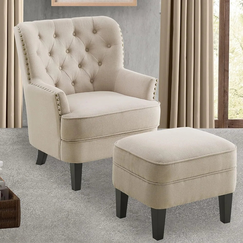 Accent Chair and Ottoman Set - Button Tufted Armchair for Living Room, Bedroom, Reading - Mid-Century Modern Lounge Chair