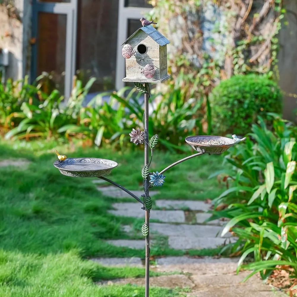Bird House for Outside with Stake & Bird Feeder/Bath Bowl - Free Standing 3 in 1 Bird Feeder Tray, Bird Bath Bowl, Birdhouse for