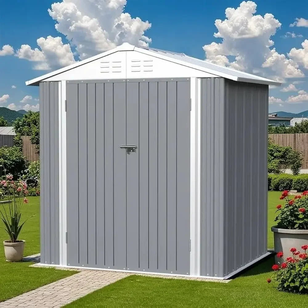 6×4FT Outdoor Storage Shed, Metal Patio Storaged Sheds with Lockable Doors, Sheds & Outdoor Storage for Bike, Pool and Garden