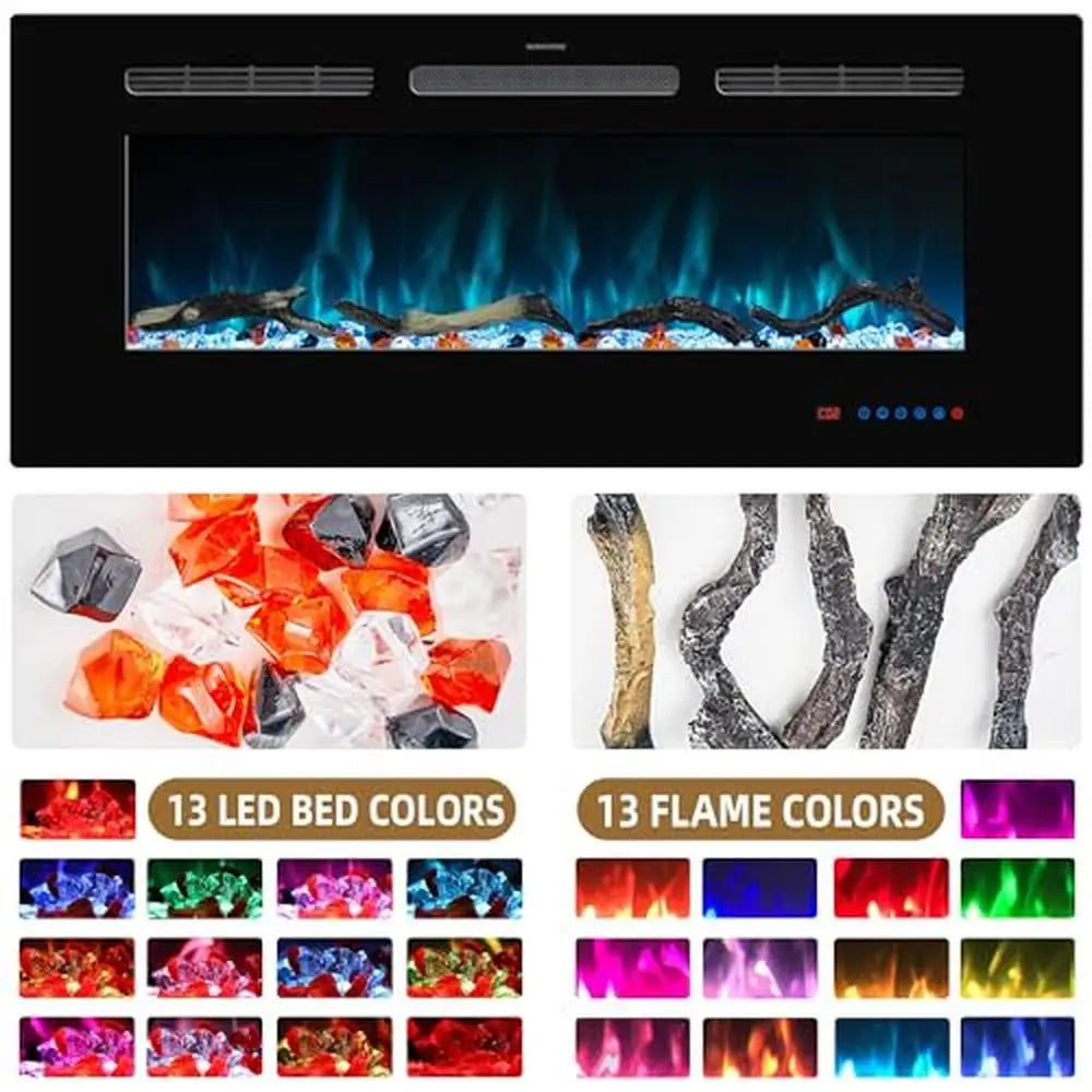48 Inch Recessed Wall Mounted Electric Fireplace Heater With Remote DIY Logs Crystals And Multicolor Flame Options
