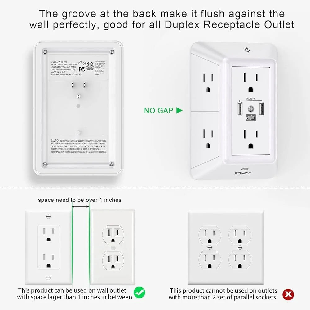 6 Outlet Surge Protector Power Strip with 3 USB Ports USB C Night Light 3D Design Adjustable Brightness Space Saving