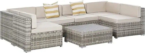 7-Piece Patio Furniture Set, Outdoor Wicker Conversation Set, All Weather PE Rattan Sectional Sofa Set with Cushions and Faux W