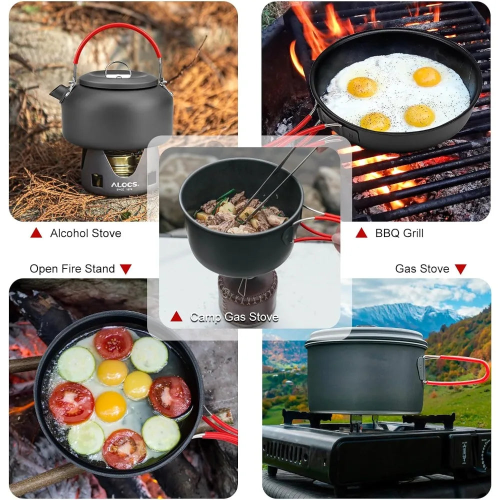 ALOCS Camping Cookware Set Four In One Hard Aluminum