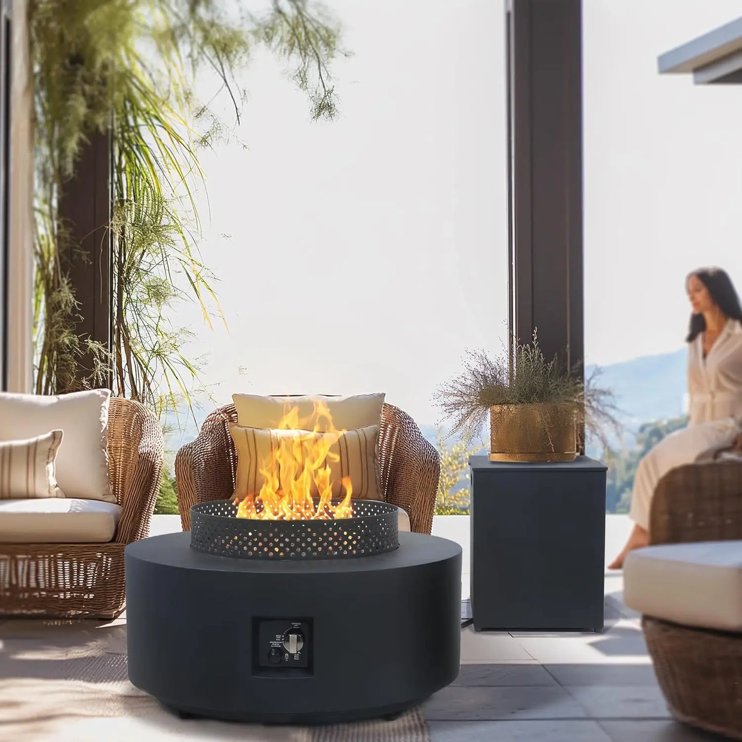 32 Inch Fire Pit Table, 3 in 1 65,000 BTU Round Gas Firepit, Wind Guard, Baking Sheet, 2-Piece Outdoor Propane Fire Pit Table