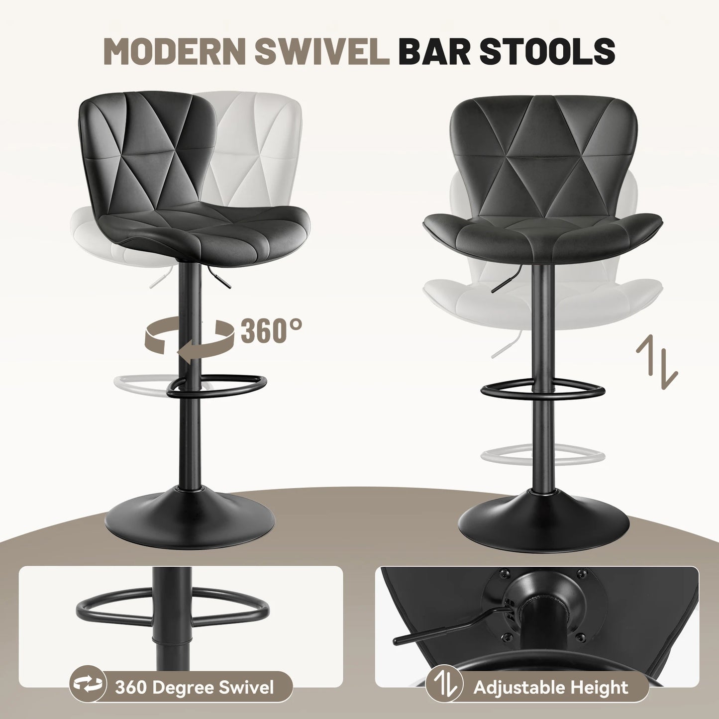 2 Pcs Bar Chair, 360 ° Rotation Adjustable Height, Faux Leather Upholstered with Backrest, Bar Furniture, for Dining Room, Kitchen