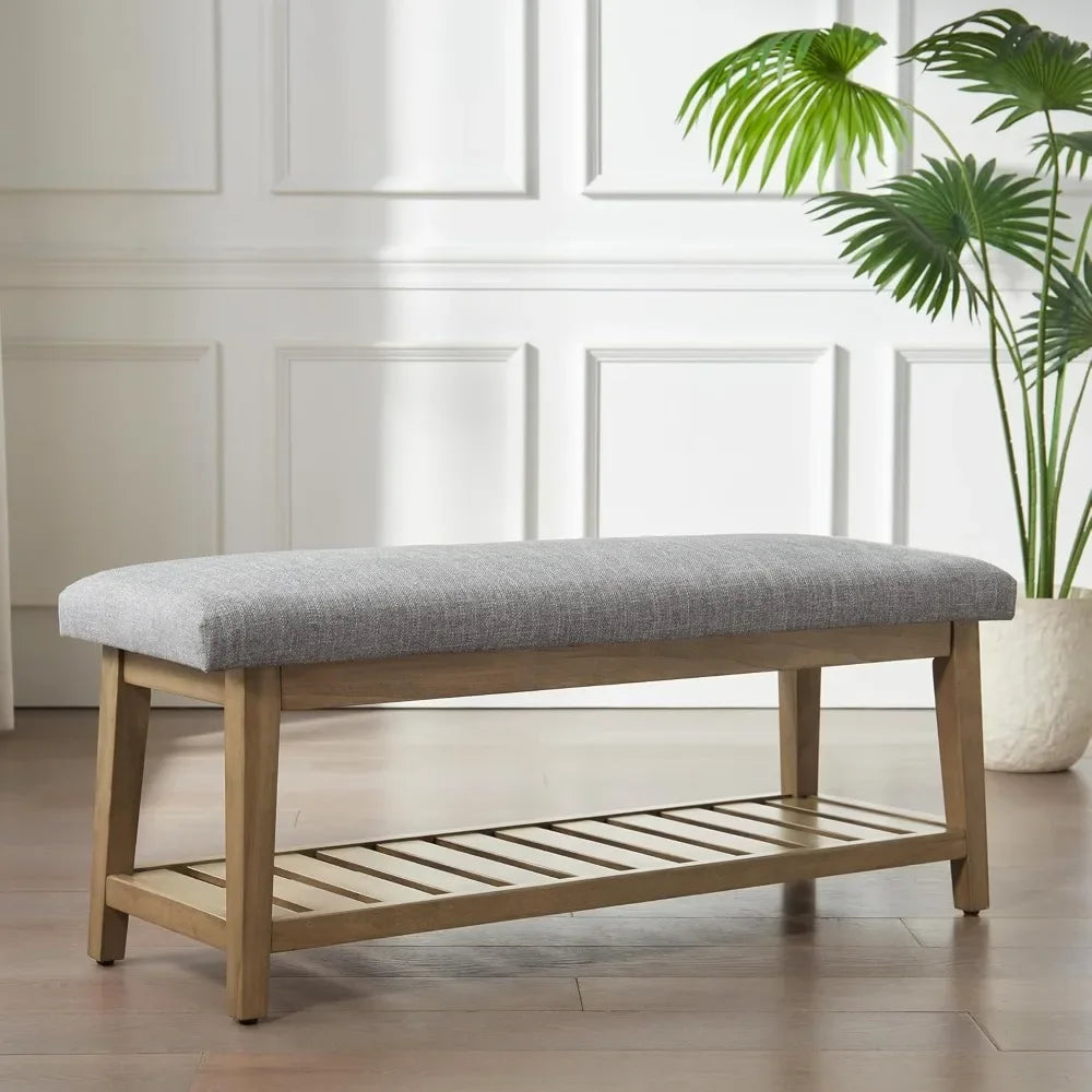 Entryway Bench, End of Bed Bench, Chenille Upholstered Shoe Bench for Bedroom, Ottoman Bench with Solid Wood Shelf, Storage Benc