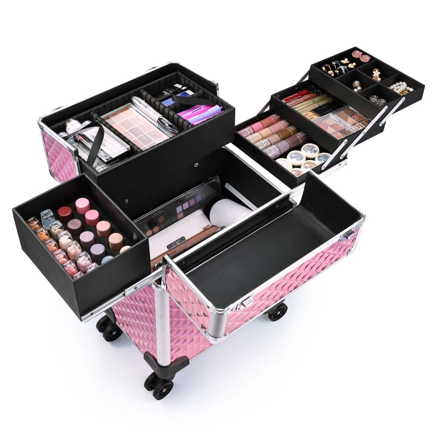 Maxulene Rolling Makeup Train Case With 4 Tray Trolley
