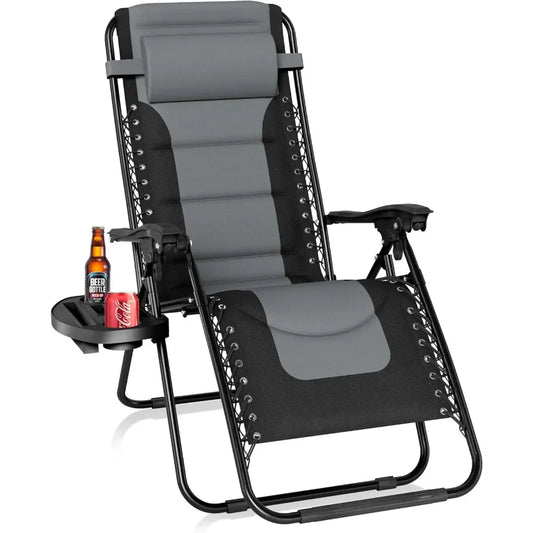 Padded Zero Gravity Lounge Chair Folding Patio Recliner with Adjustable Headrest & Cup Holder, Support 350 LBS
