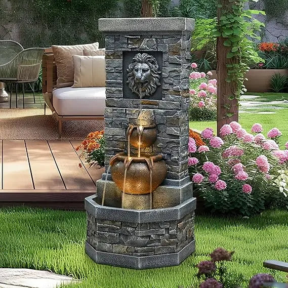 Outdoor Garden Floor Standing Water Fountain with Lion Head and Lights, Stone Design for Patio, Backyard, Deck, and Porch