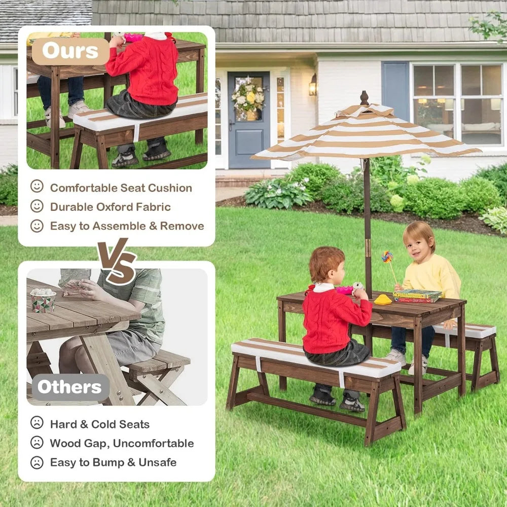 Kids Picnic Table Outdoor Wooden Bench Set Umbrella