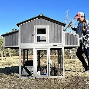Chicken Coop Foldable Hen House with Run and 4 Nesting Boxes Wooden Large Chicken Coop 69.8" L for 4-6 Chickens Pull Out Metal