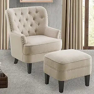 Accent Chair and Ottoman Set - Button Tufted Armchair for Living Room, Bedroom, Reading - Mid-Century Modern Lounge Chair