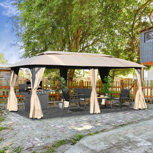 10x20 Foot Outdoor Gazebo with Double Roof and Privacy Curtains