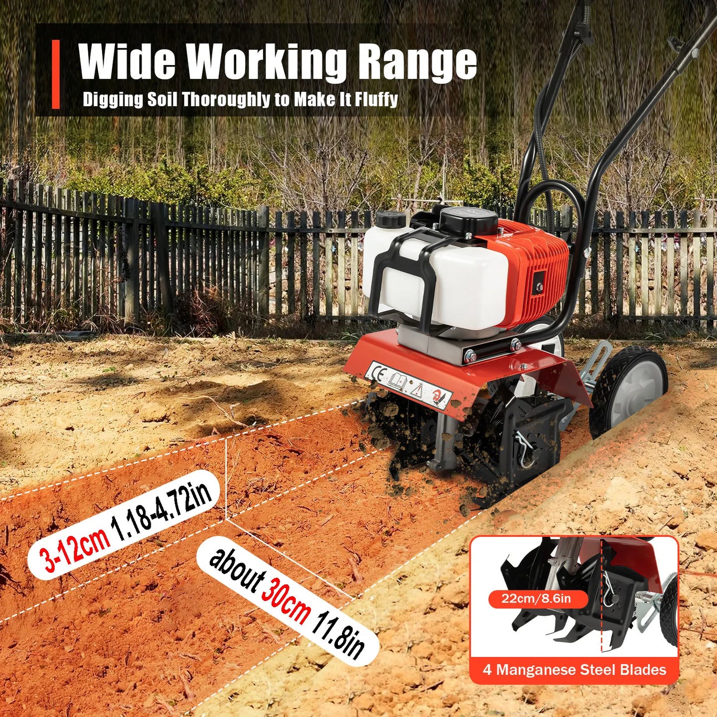 Bymaocar 52cc Gas Garden Tiller Cultivator 2 Stroke