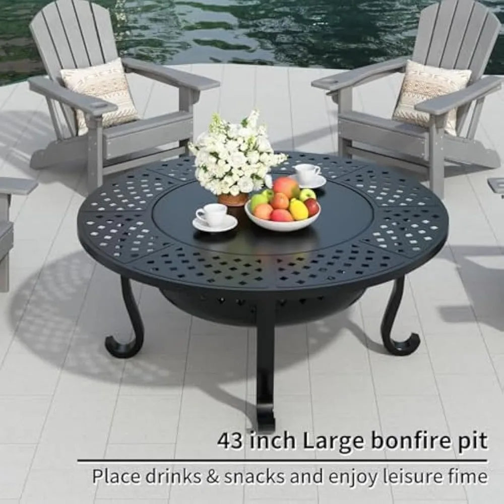 43 Inch Fire Pit with 2 Grill for Outside, Outdoor Wood Burning Firepit with Lid, Metal Round Table for Backyard Patio Garden Pi