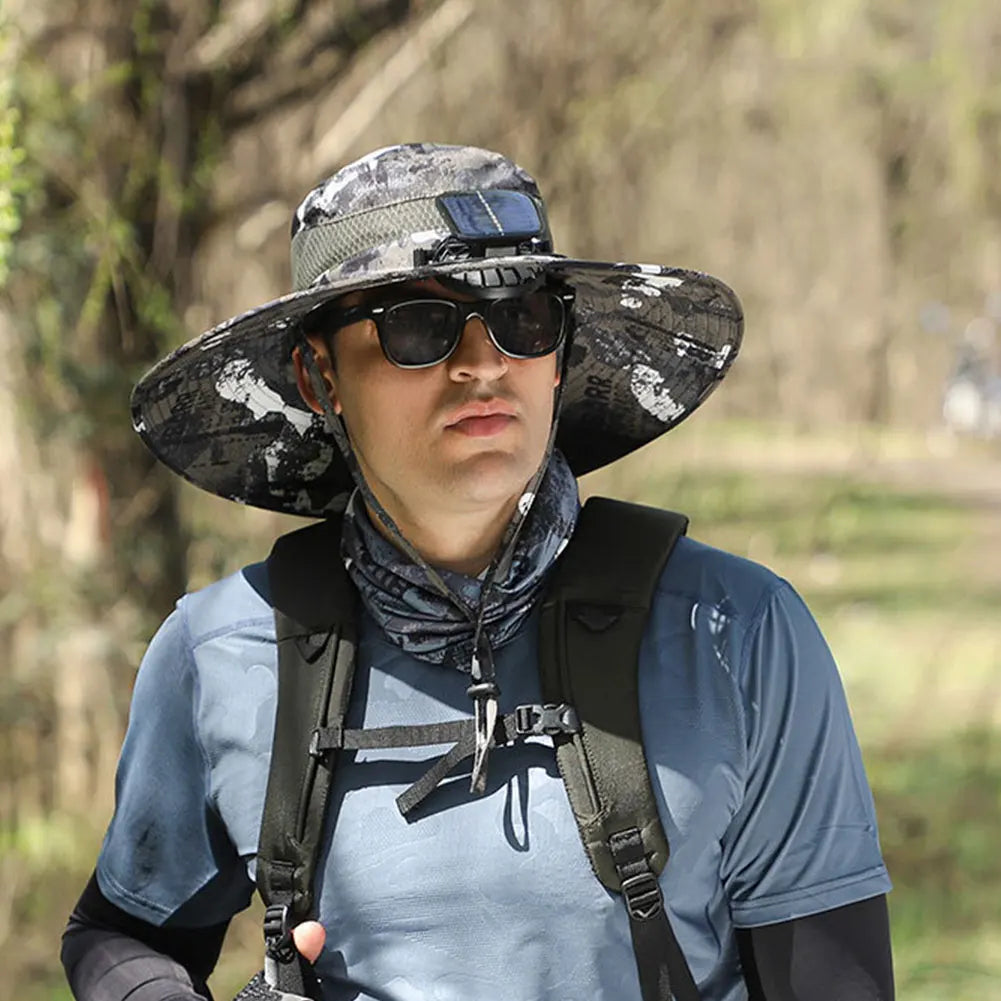 Men's Wide Brim Solar Fan Hat With Adjustable Wind 2 Fans Sun Protection For Outdoor Camping Fishing