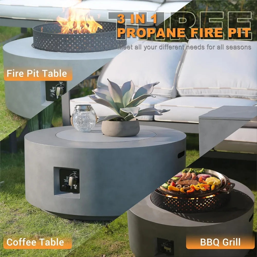 32 Inch Fire Pit Table, 3 in 1 65,000 BTU Round Gas Firepit, Wind Guard, Baking Sheet, 2-Piece Outdoor Propane Fire Pit Table