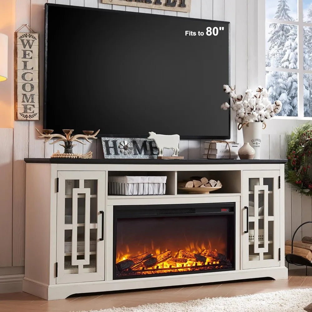 Modern 80 TV Electric Fireplace Entertainment Center, 32 Tall, JXQTLINGMU Farmhouse Style Media Console