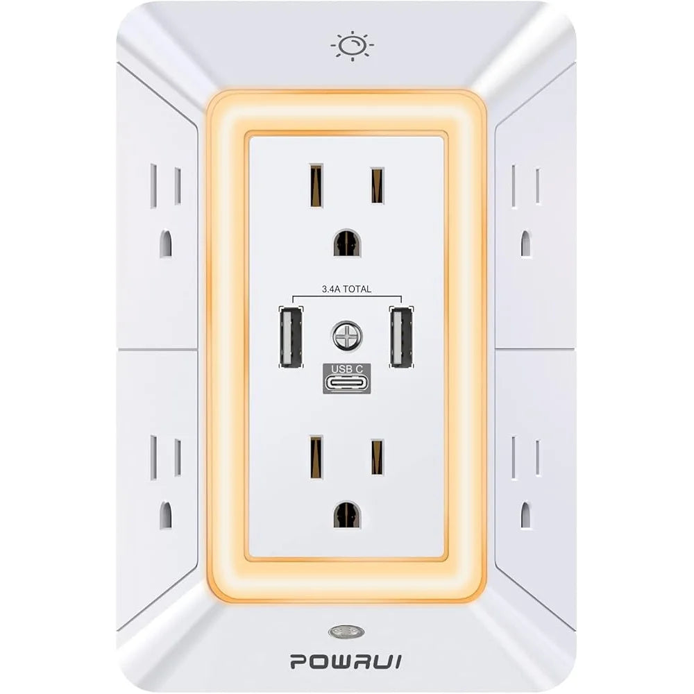 6 Outlet Surge Protector Power Strip with 3 USB Ports USB C Night Light 3D Design Adjustable Brightness Space Saving