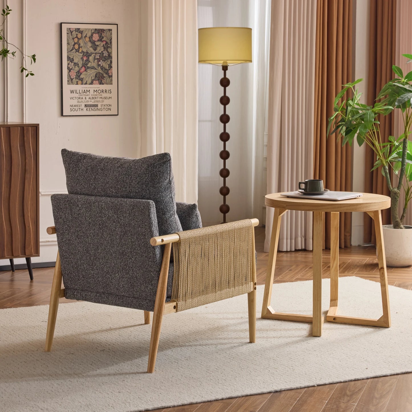 Modern Braid Accent Chair with Natural Oak Wooden Armrest, with Waist Pillow for Living Room, Bedroom, Reading Room, Balcont